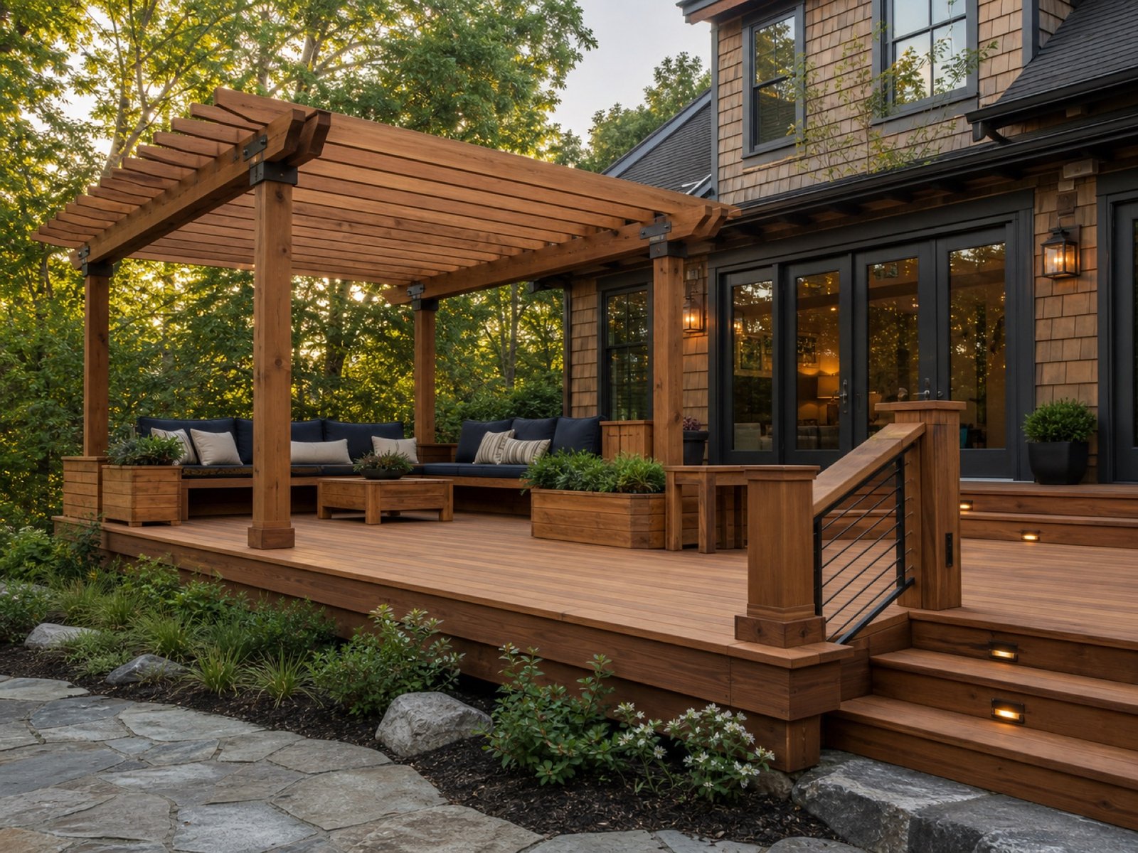 Illustrative cedar deck and pergola with integrated seating