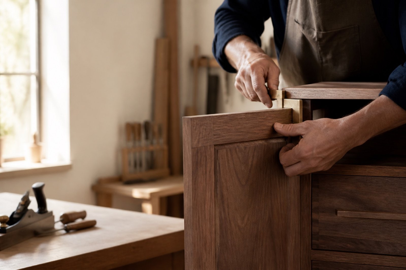 Hands aligning a walnut cabinet door in a bright woodworking studio