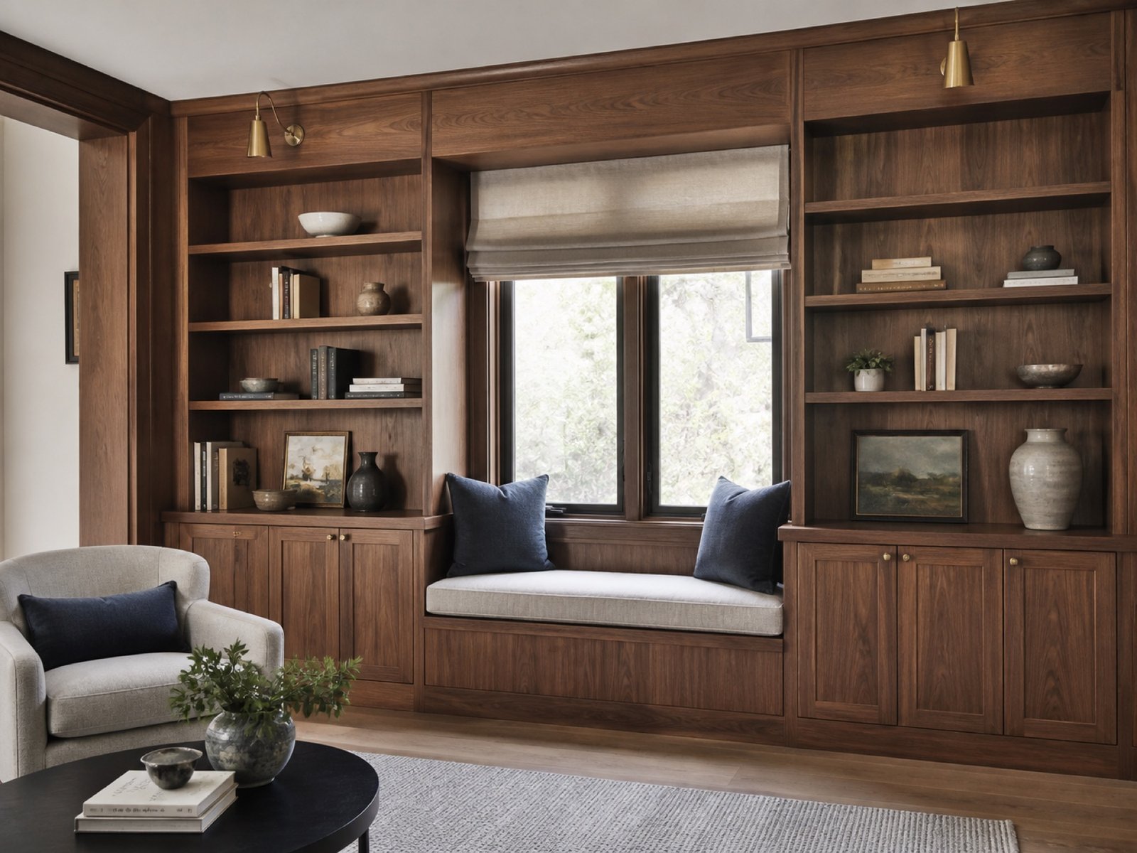 Illustrative walnut built-ins framing a window seat in a home library