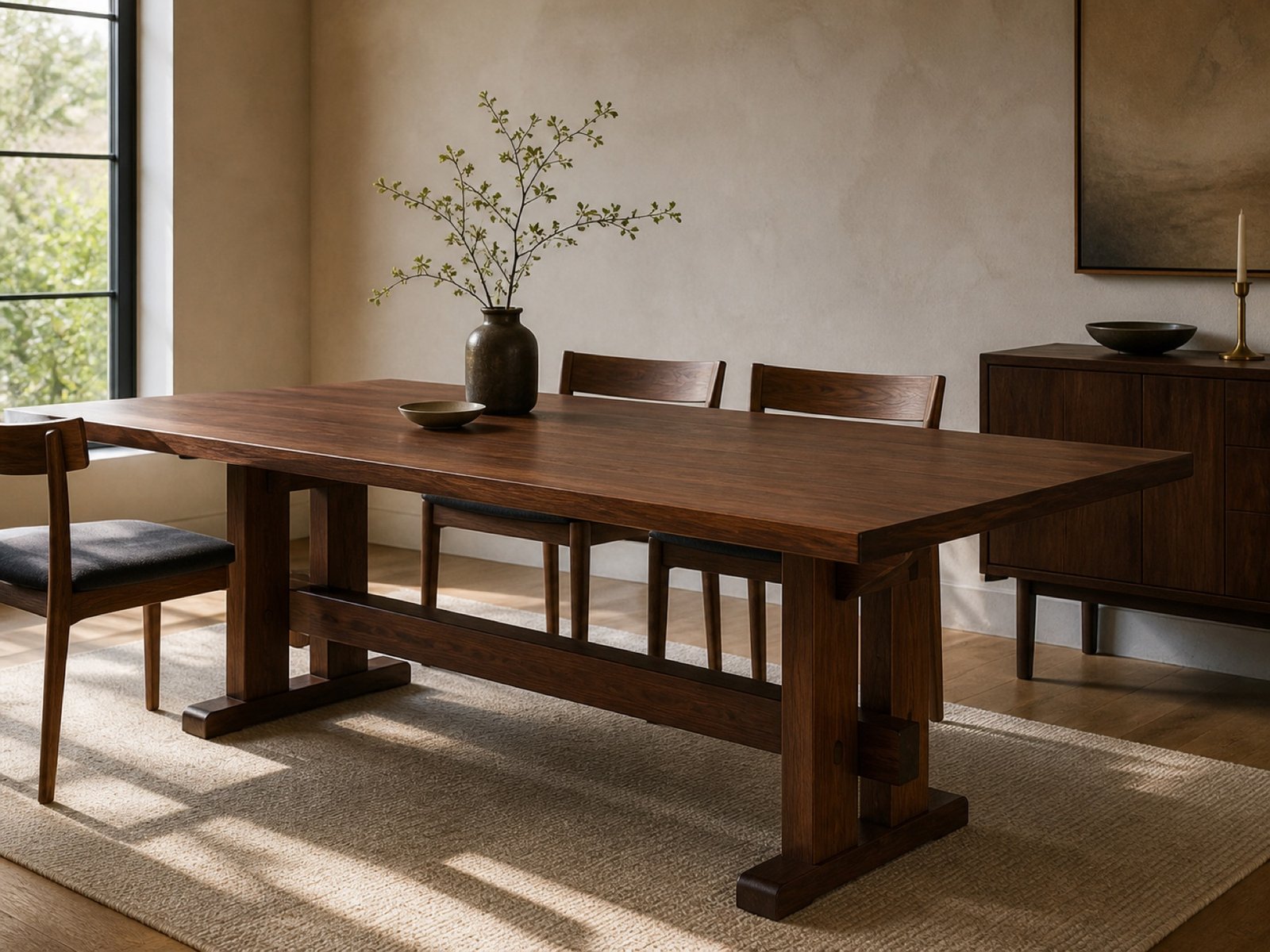Illustrative walnut dining table with trestle joinery